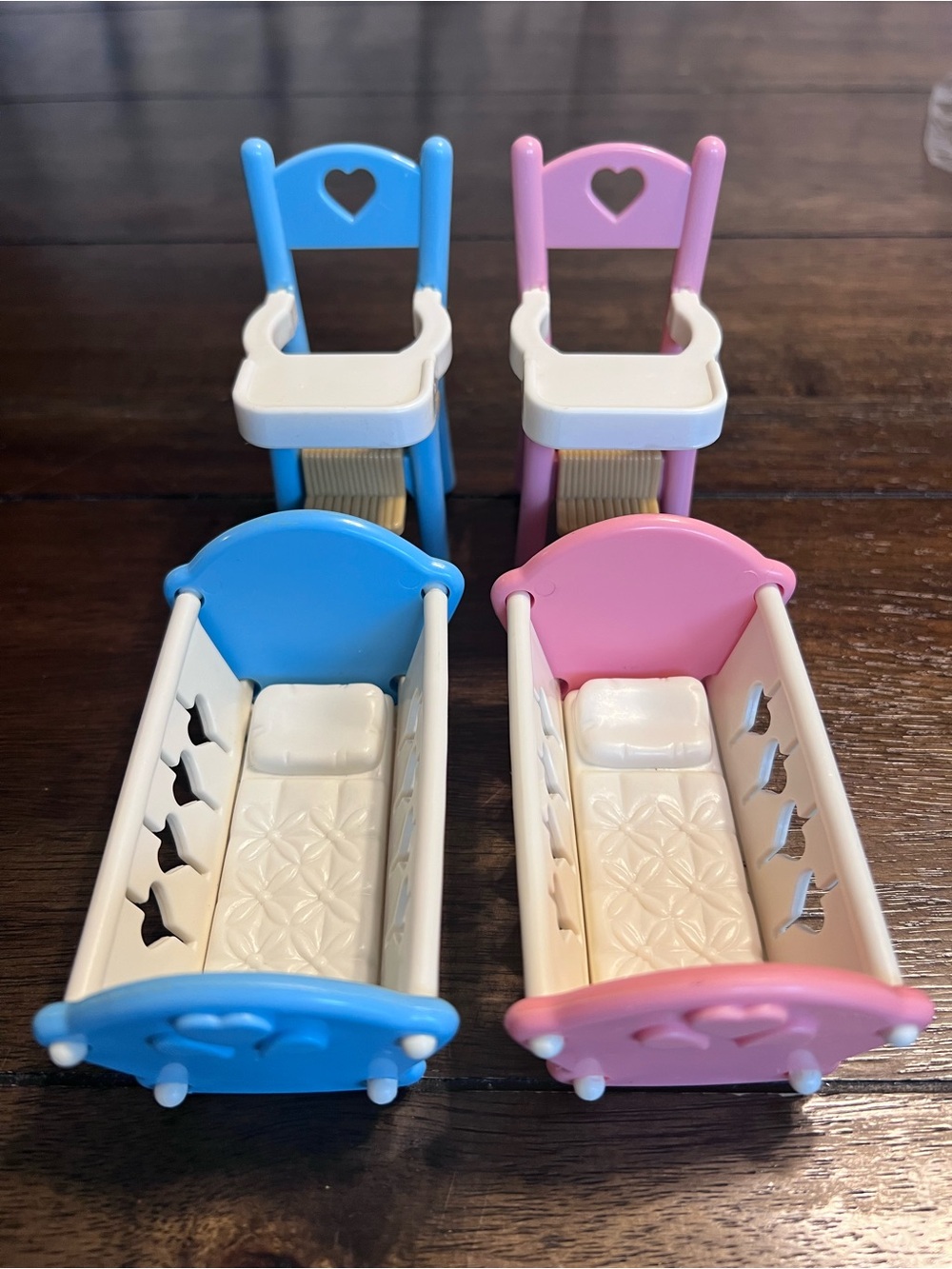 Vintage Fisher Price Loving Family Twin Nursery Cradles and Highchair Bundle